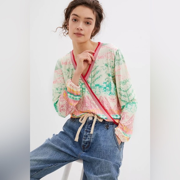 Aldo Martins Anthropologie Andalia Surplice Knit Pink Green Long Sleeve Top S - Picture 1 of 13